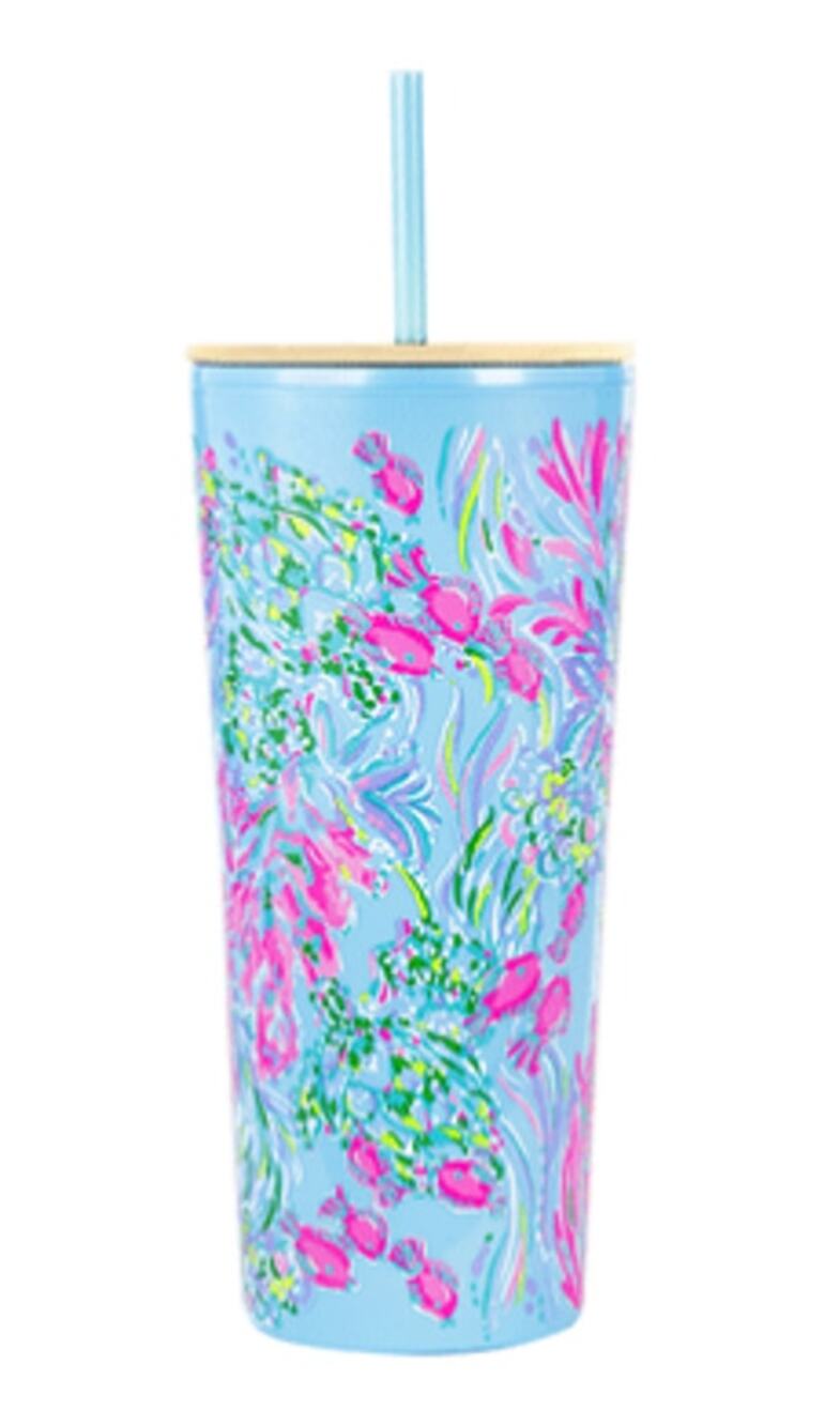Lilly Pulitzer Tumbler with Straw Gold Lid Blue Pink Best Fishes New in box